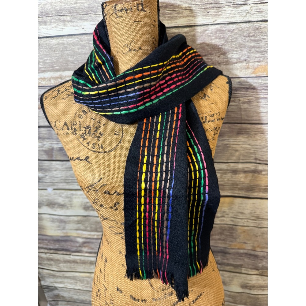 Black Rainbow Embroidered Wool Scarf Multi Color Striped Hand Woven Fringe 80s